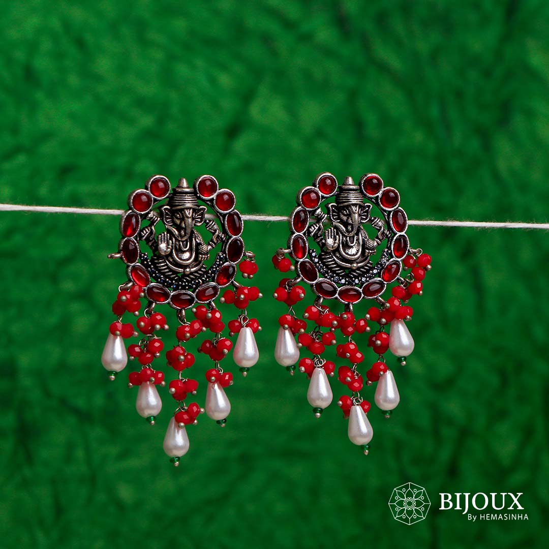 GANPATHI PAPPA OXIDIZED MONALISA STONE TEMPLE EARRING ER139