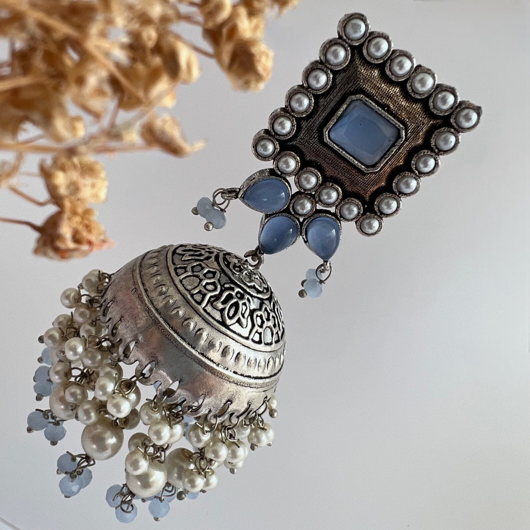 SQUARE SERENADE FAUX SILVER HANDMADE JHUMKAS ER37