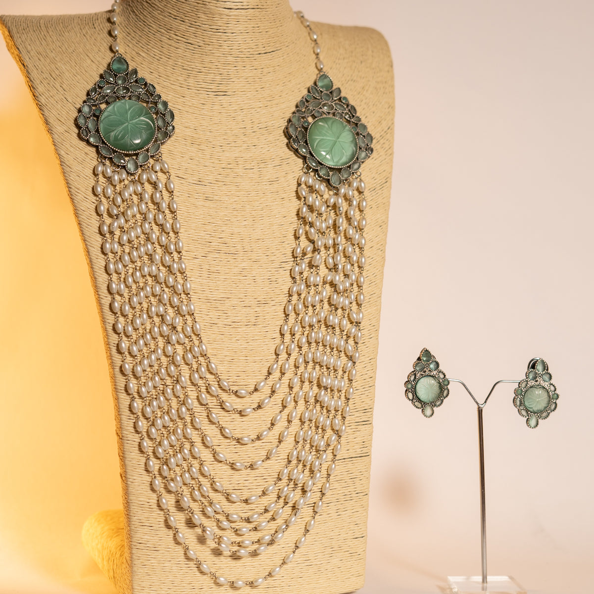 PRIYANKA LAYERED PEARL CARVING STONE HANDMADE STATEMENT MALA ML100