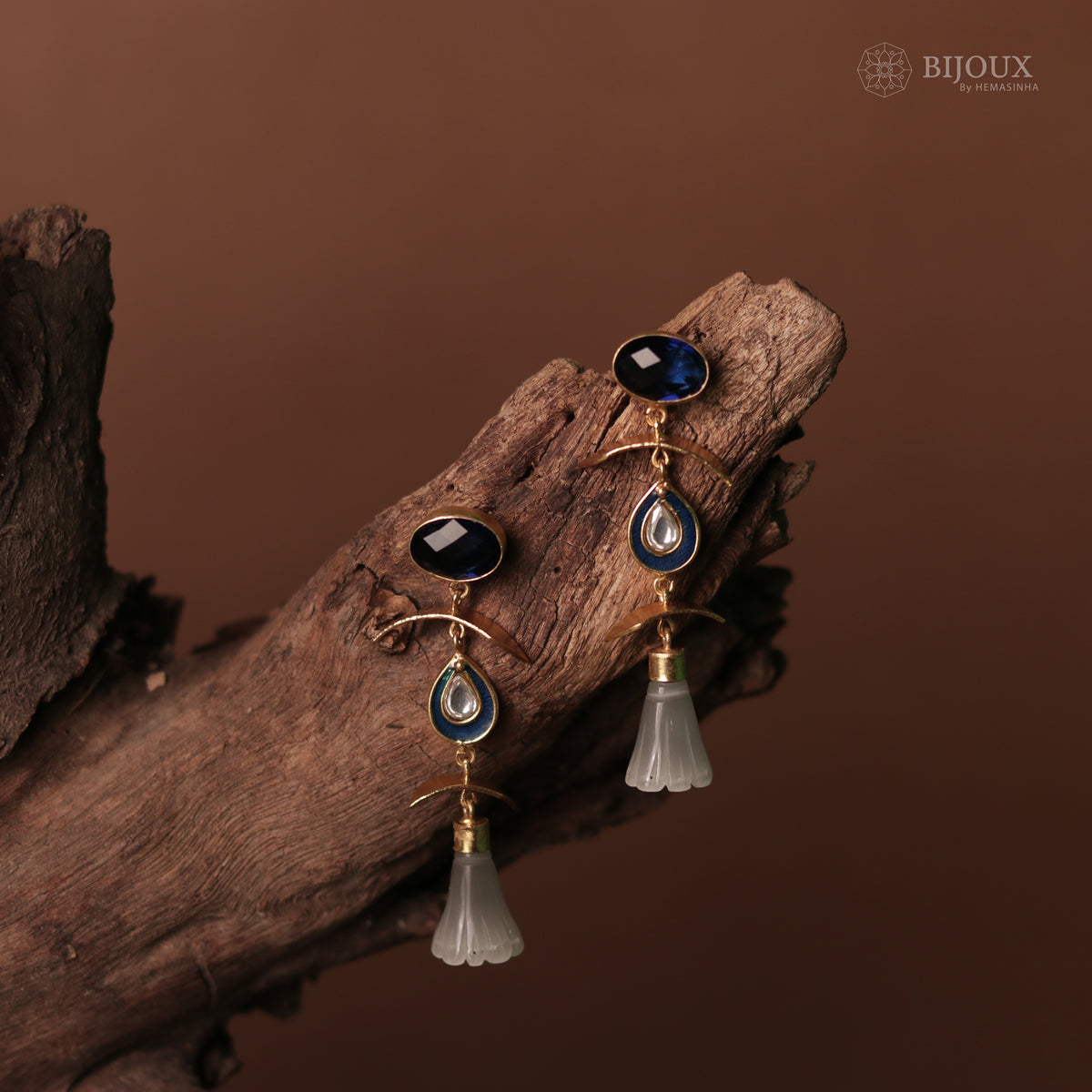 ENAMELLED CONICAL STONE DROPS WITH CRYSTAL HANDMADE AND HAND HAMMERED EARRINGS ER74