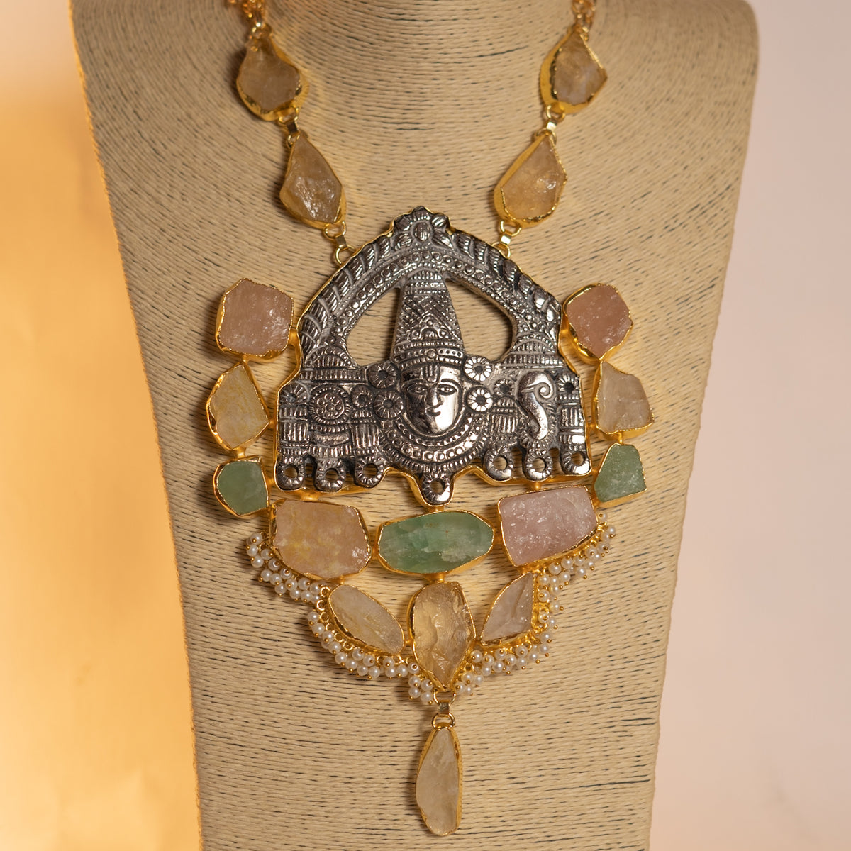 VENKAT BIJOUX, HANDCRAFTED TURQUOISE, MOP SHELL, AND RAW SATONE MALA WITH EARRINGS ML168