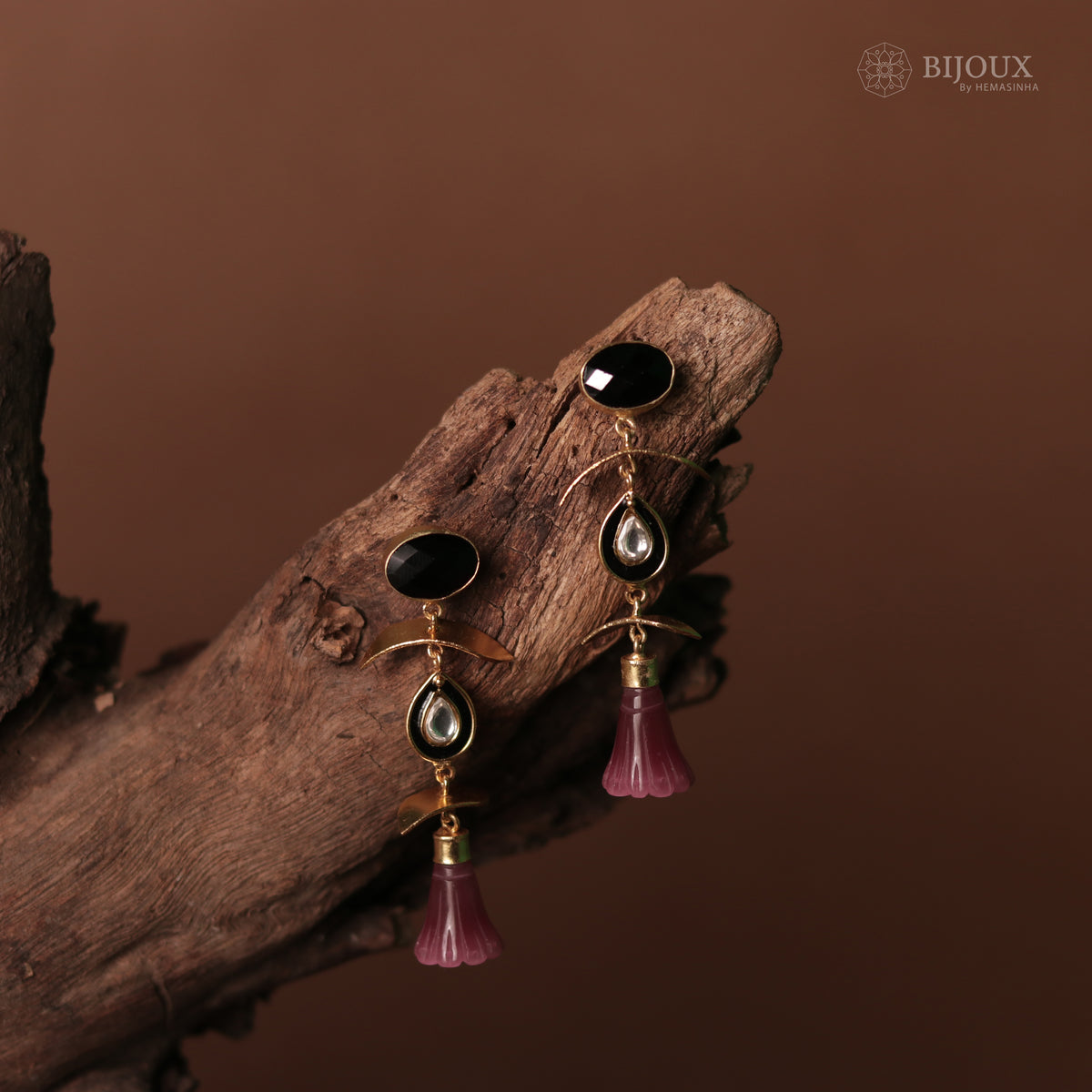 ENAMELLED CONICAL STONE DROPS WITH CRYSTAL HANDMADE AND HAND HAMMERED EARRINGS ER74