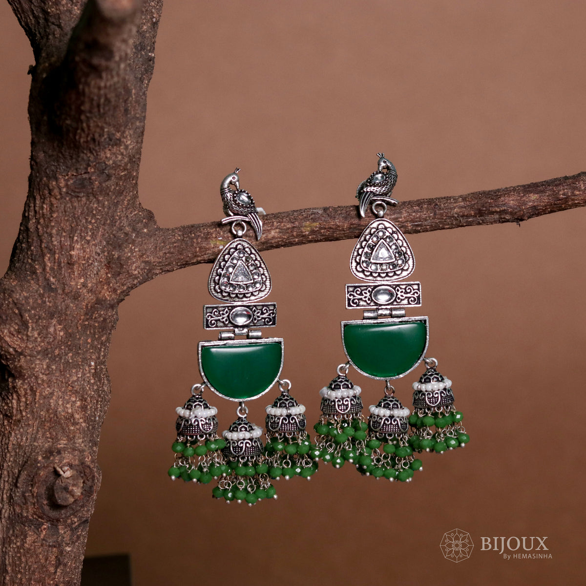 PEACOCK CASCADE MONALISA STONE  SEMI-HANDMADE JHUMKA ER48