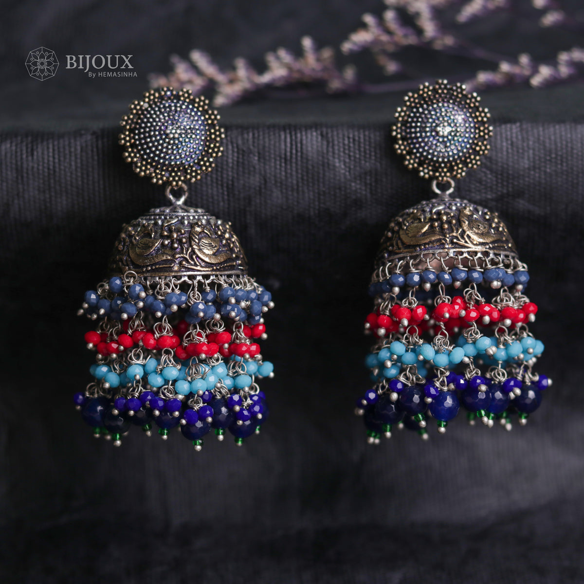 INKY ELEGANCE ANTIQUE SEMI-HANDMADE OXIDIZED JHUMKA ER56