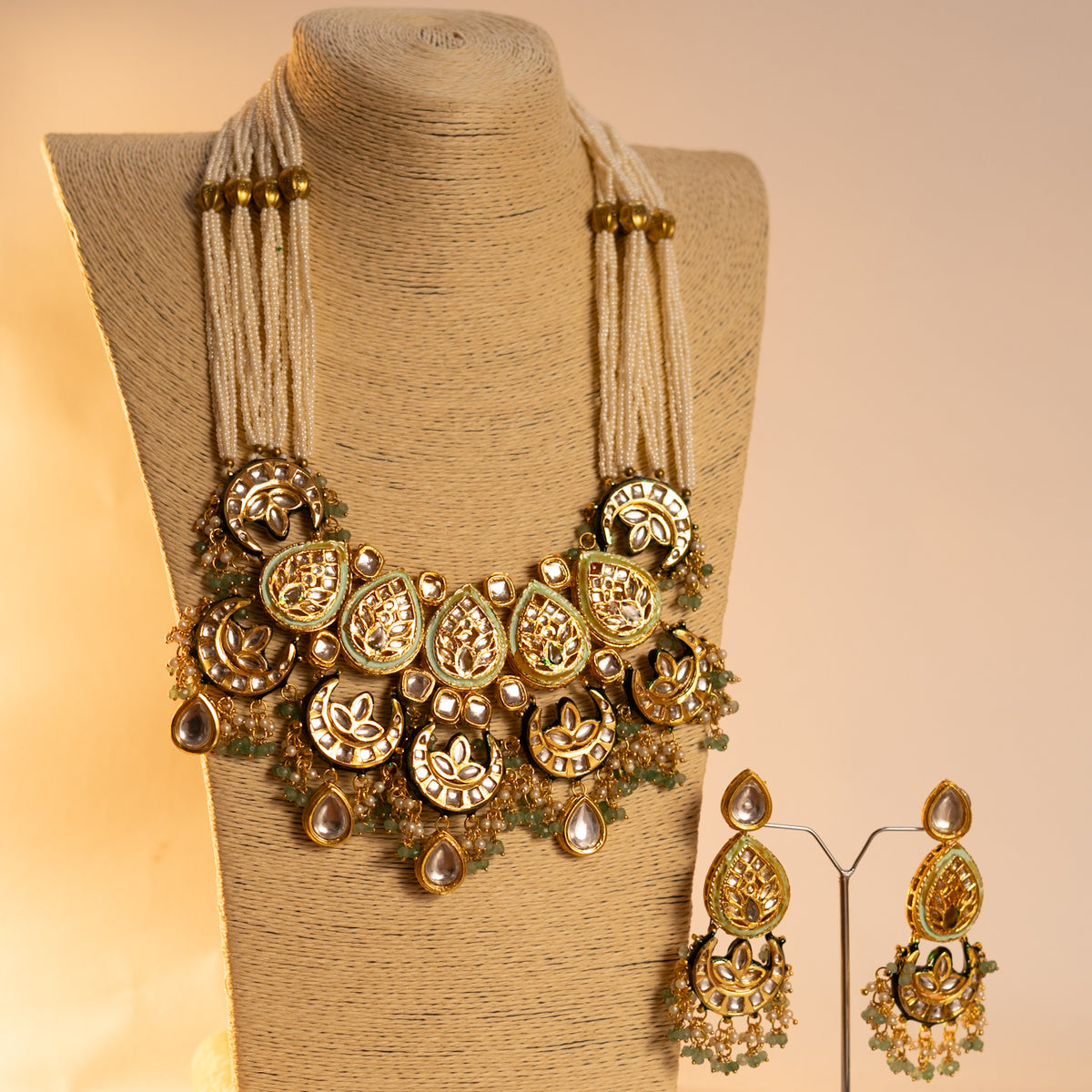 SHIKA KUNDAN PEARL BEADED HANDMADE HEAVY MALA WITH EARRING ML20