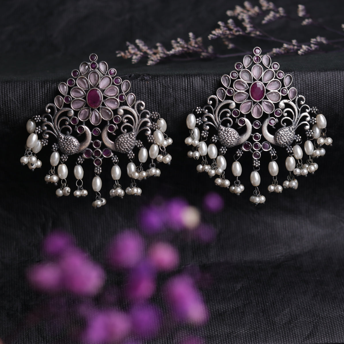 FLORAL FANTASY ANTIQUE SILVER LOOK ALIKE SEMI-HANDMADE EARRINGS ER53