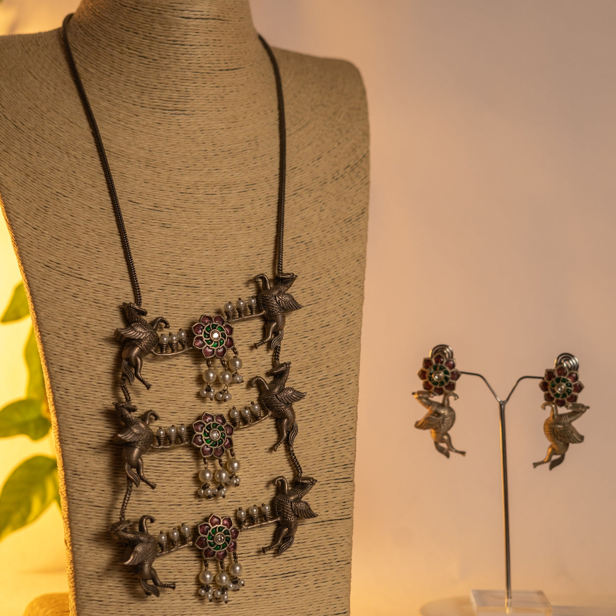 RUSTIC HANDMADE RAW AND RUSTIC BEAUTY FAUX SILVER ANTIQUE MALA WITH EARRINGS ML182