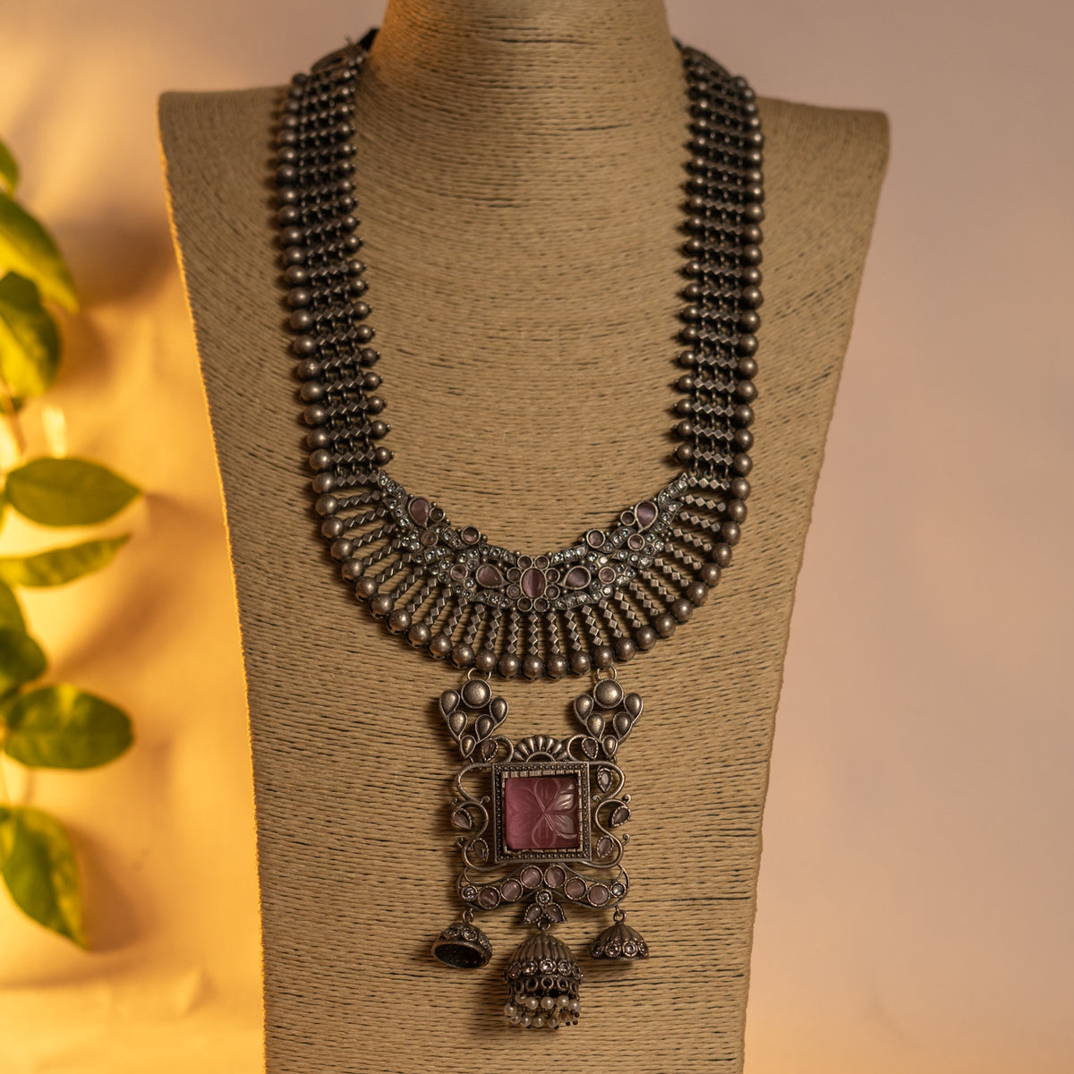 MIMI HANDMADE RAW AND RUSTIC FAUX SILVER ANTIQUE MALA WITH EARRINGS ML184