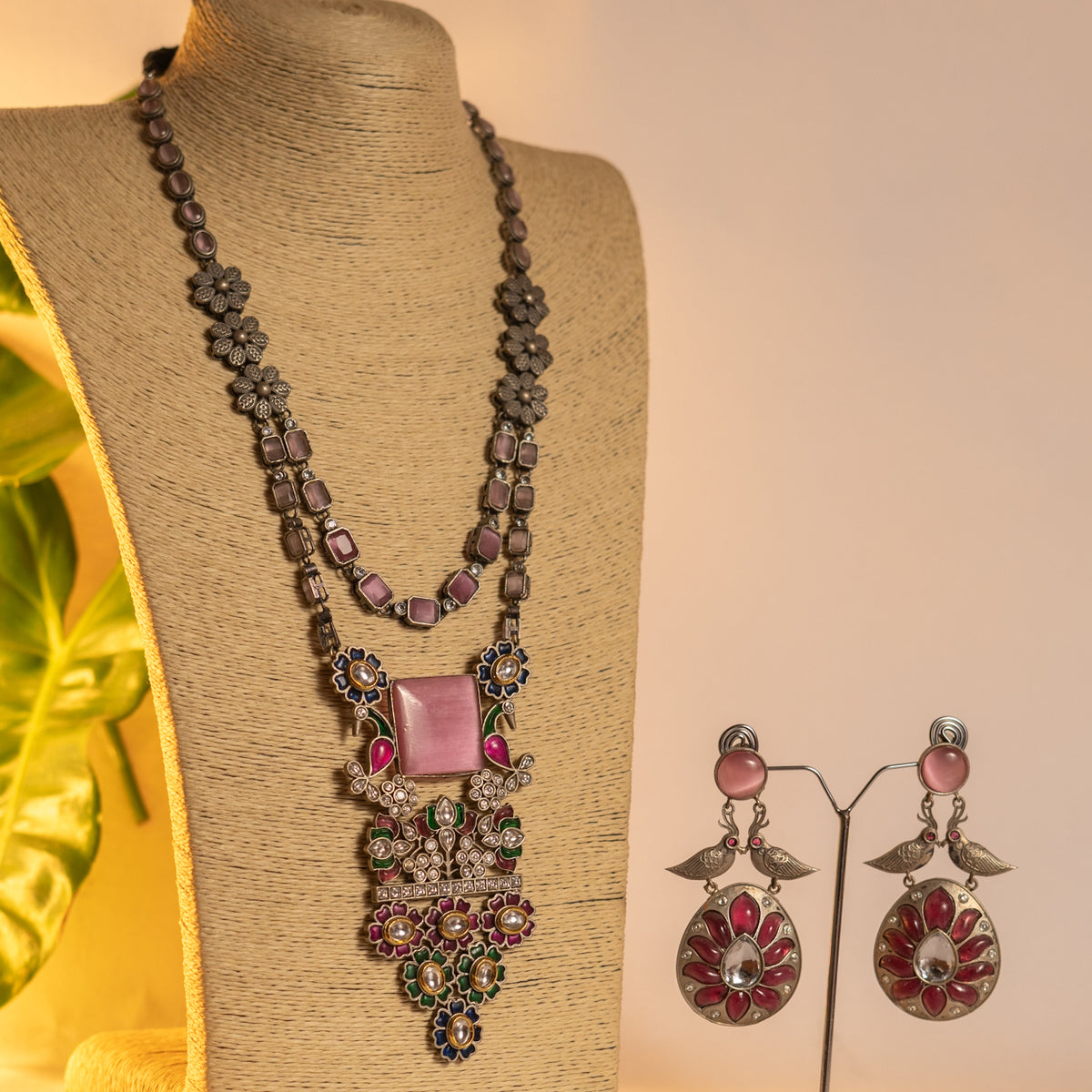 BLOOMY HANDMADE RAW AND RUSTIC FAUX SILVER ANTIQUE MALA WITH EARRINGS ML190