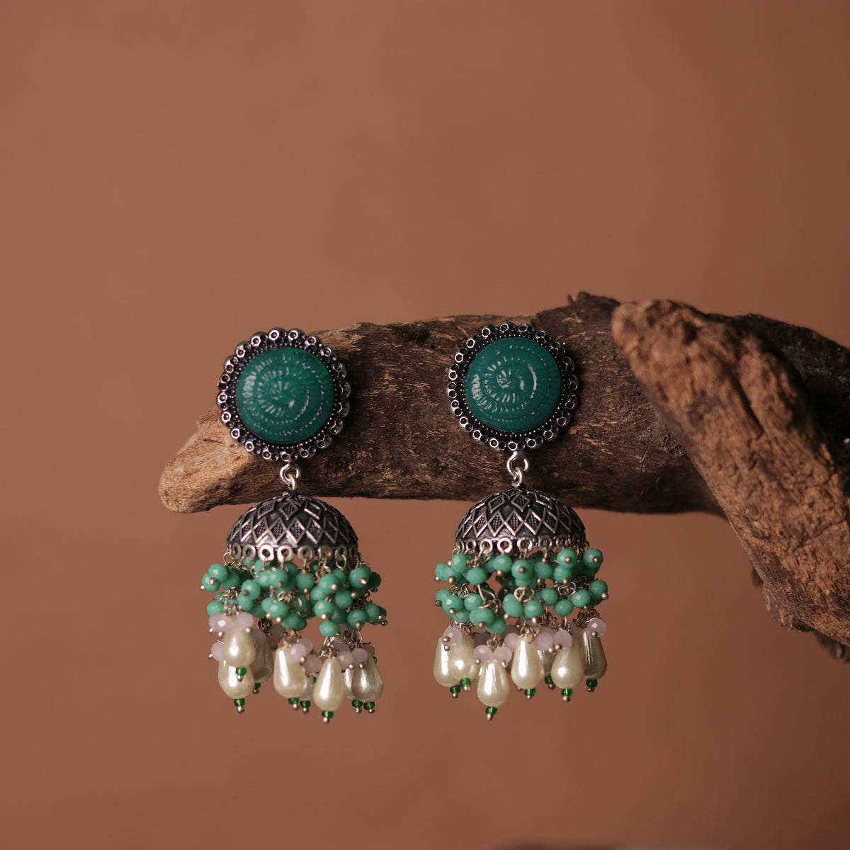 SPIRAL CARVING STONE SEMI HANDMADE BEADED JHUMKAS-ER113