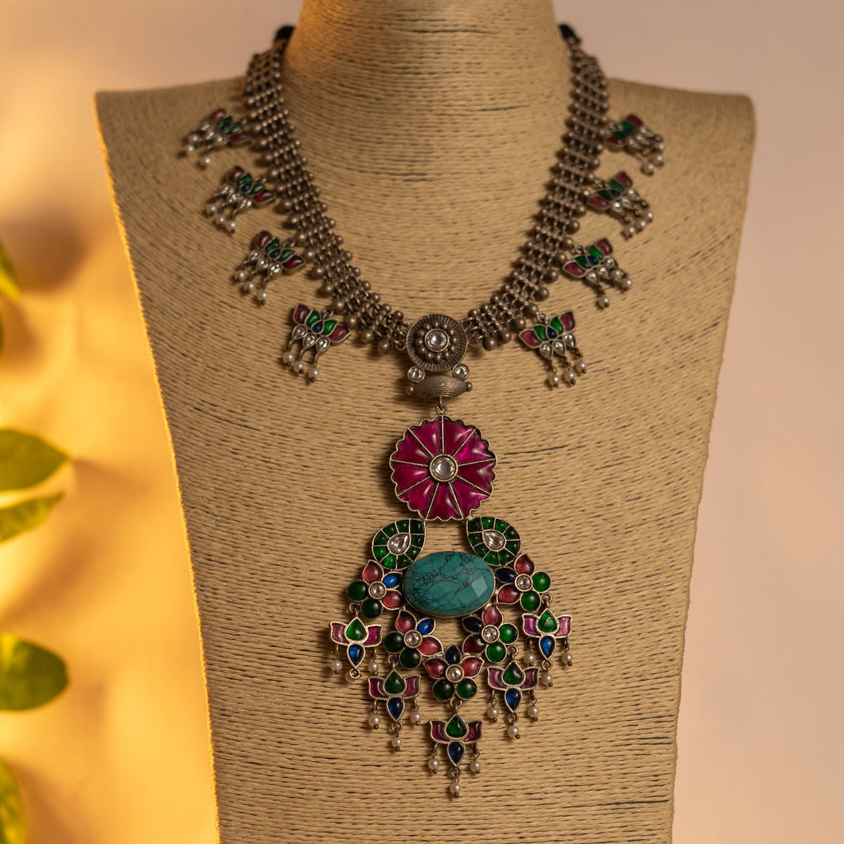 BLOOM HANDMADE RAW AND RUSTIC CLUSTER FAUX SILVER ANTIQUE MALA WITH EARRINGS ML185