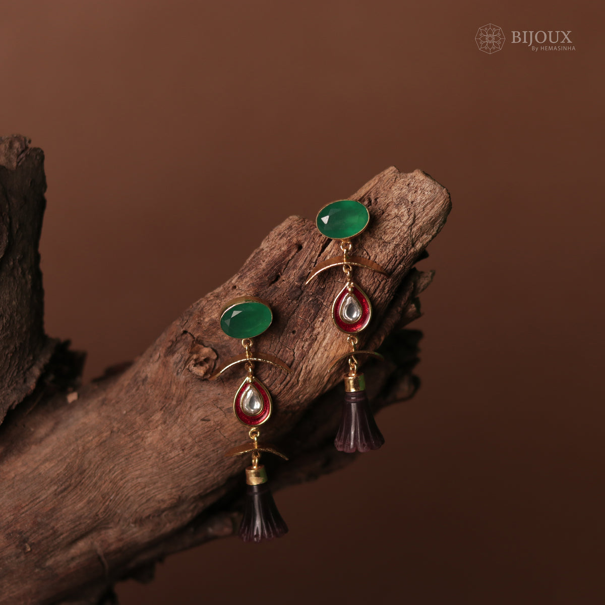 ENAMELLED CONICAL STONE DROPS WITH CRYSTAL HANDMADE AND HAND HAMMERED EARRINGS ER74