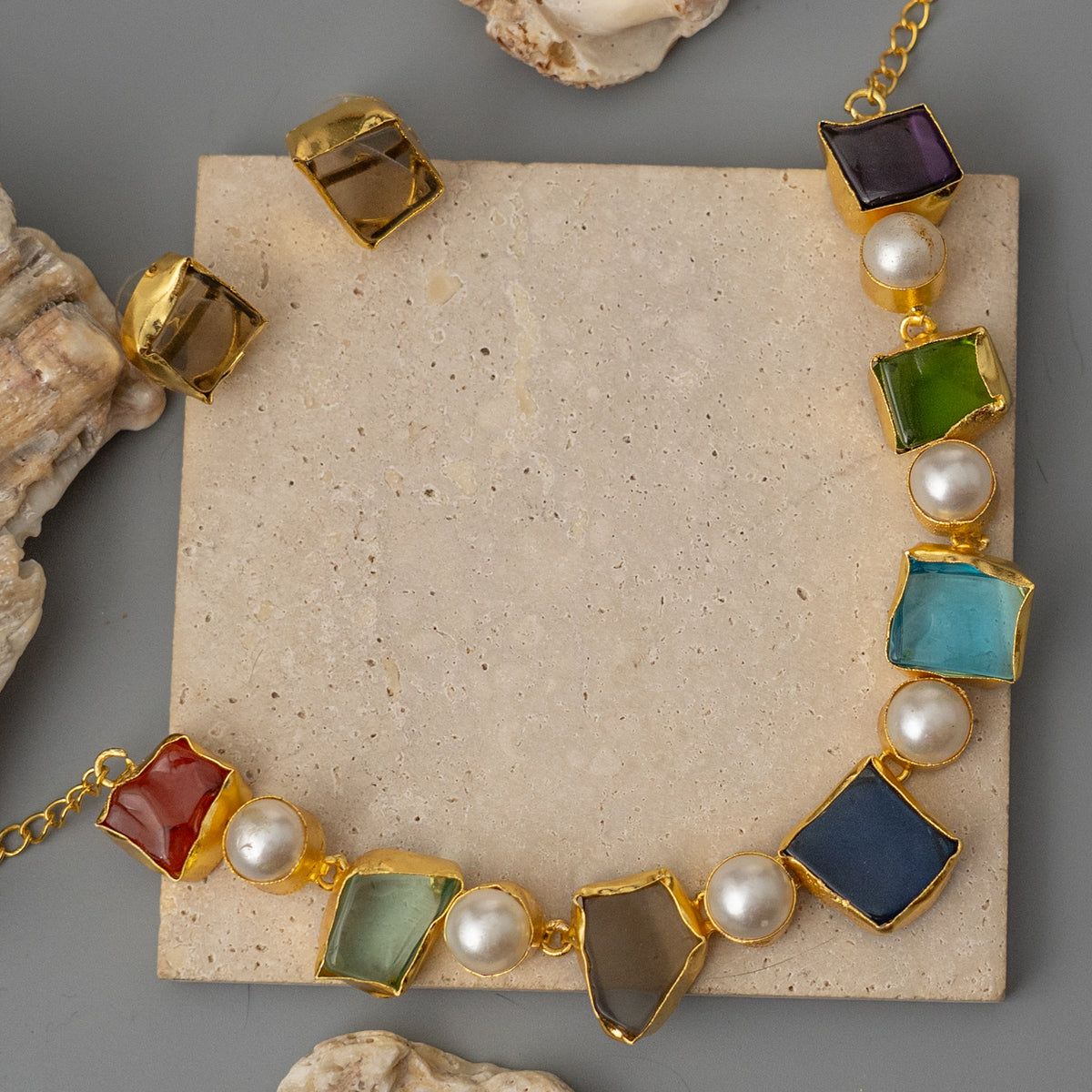 MINARI BIJOUX RAW STONE GOLD TONED HANDMADE CHOKER WITH EARRINGS CH528