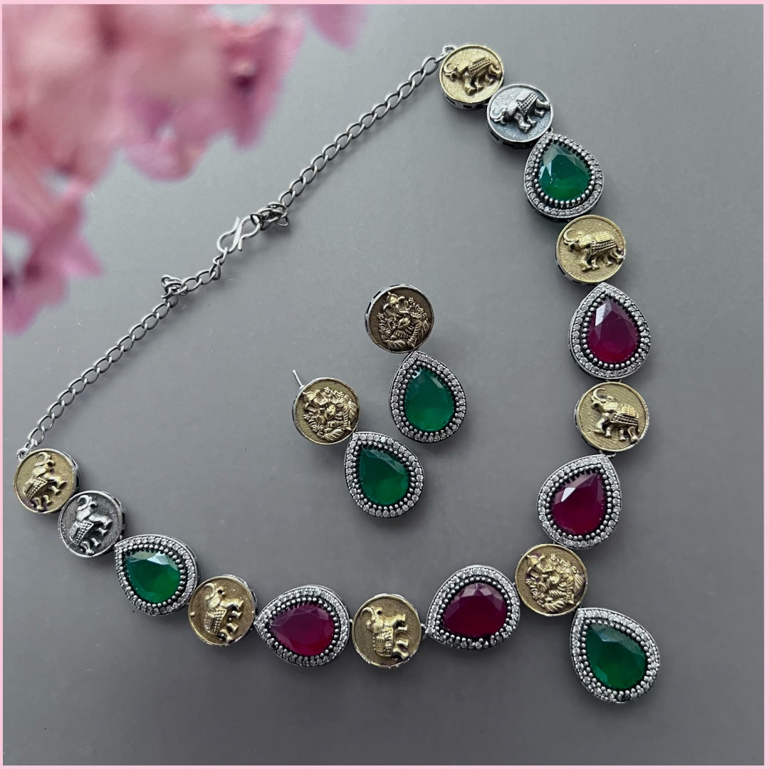 PALOT FAUX SILVER BIJOUX PREMIUM AND EXCLUSIVE SEMI HANDMADE DUAL TONED NECKLACE WITH EARRINGS NL139