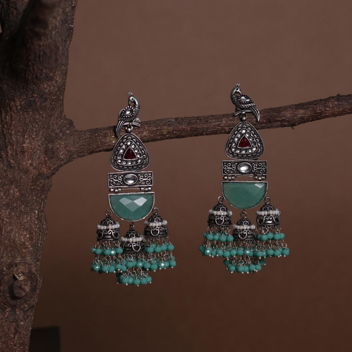 PEACOCK CASCADE MONALISA STONE  SEMI-HANDMADE JHUMKA ER48