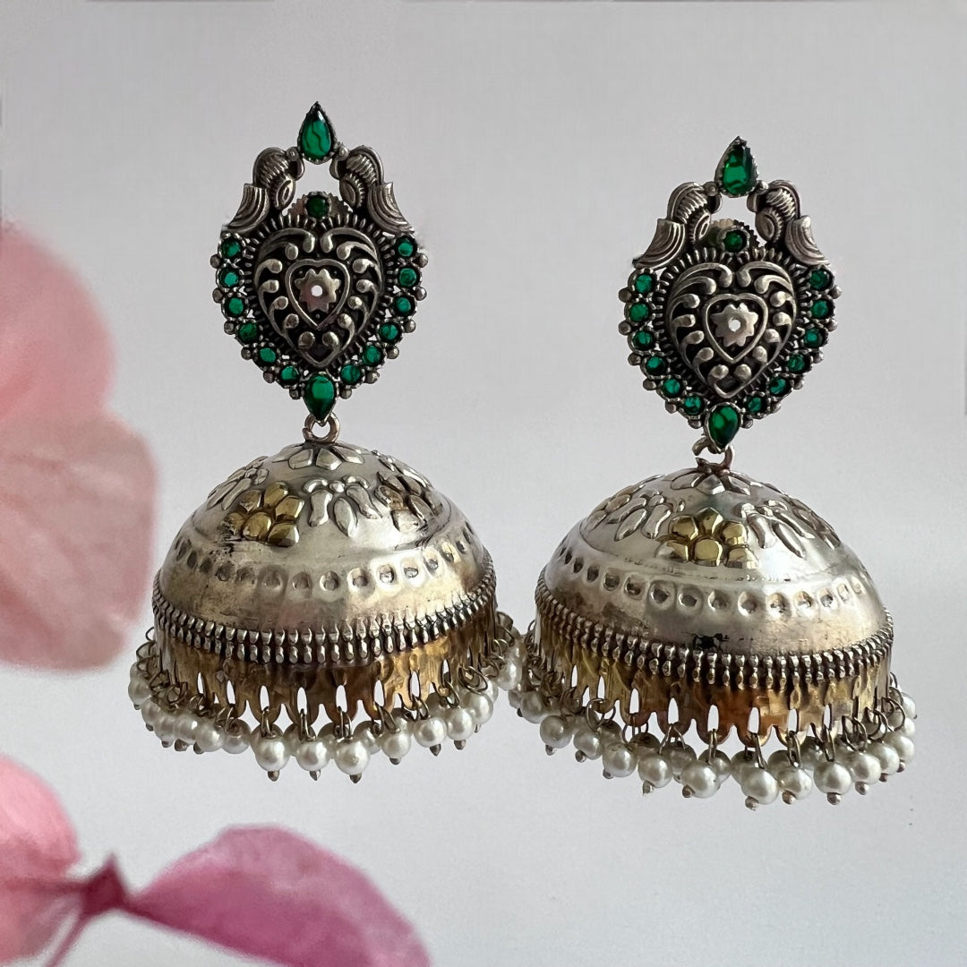 OLIVIA SILVER LOOK ALIKE DUAL-TONED PREMIUM POLISH HANDMADE JHUMKA ER236