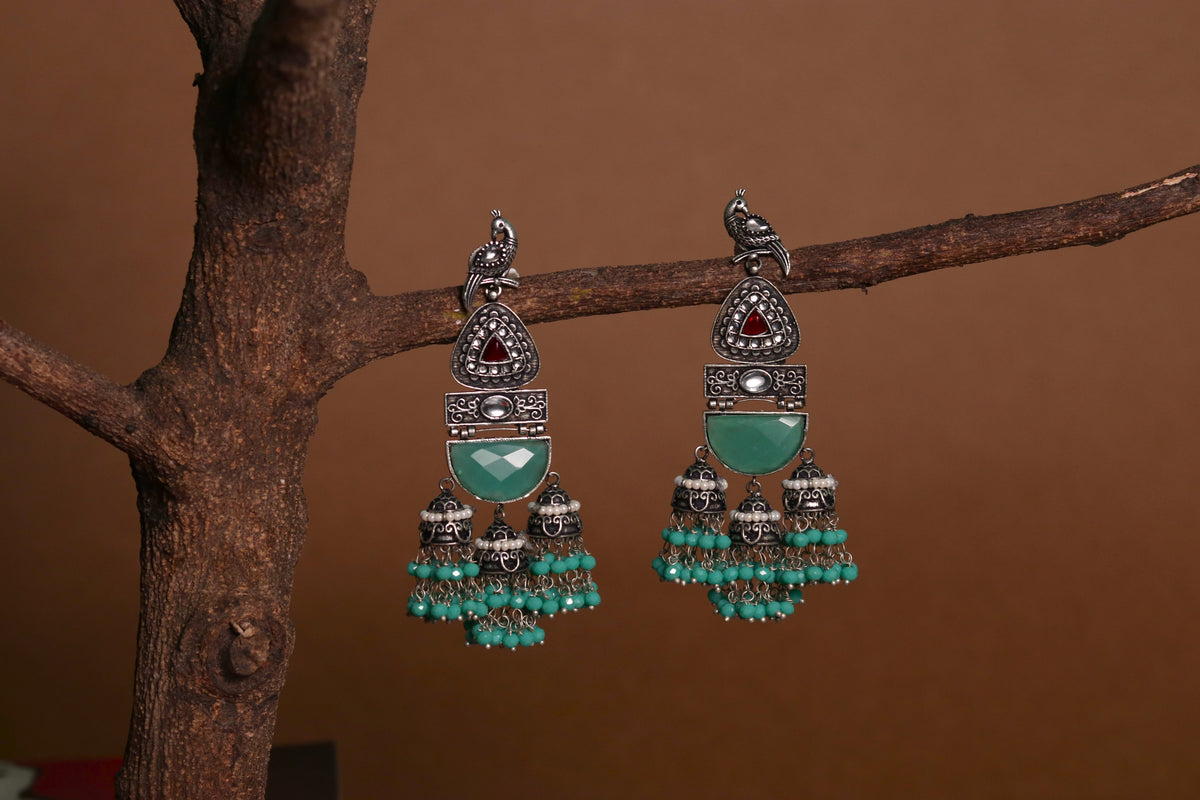 PEACOCK CASCADE MONALISA STONE  SEMI-HANDMADE JHUMKA ER48
