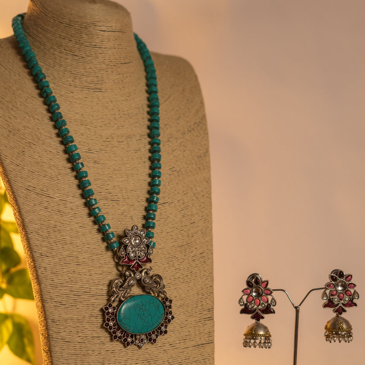 ARIZONA BLUE SILVER LOOK ALIKE ANTIQUE HANDMADE MALA WITH EARRINGS ML177