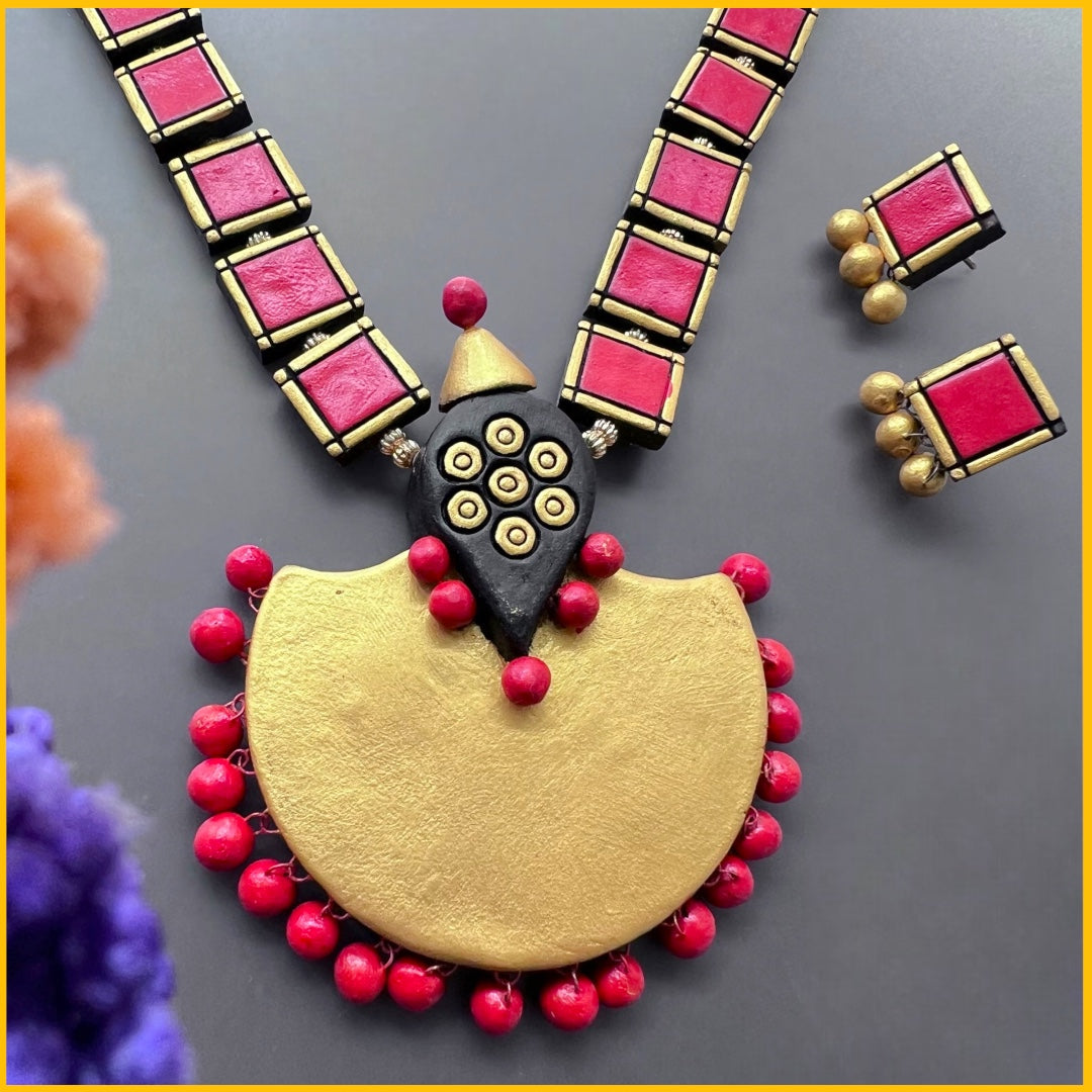 SQUARE TILE TERRACOTTA NECKLACE WITH EARRING TR31