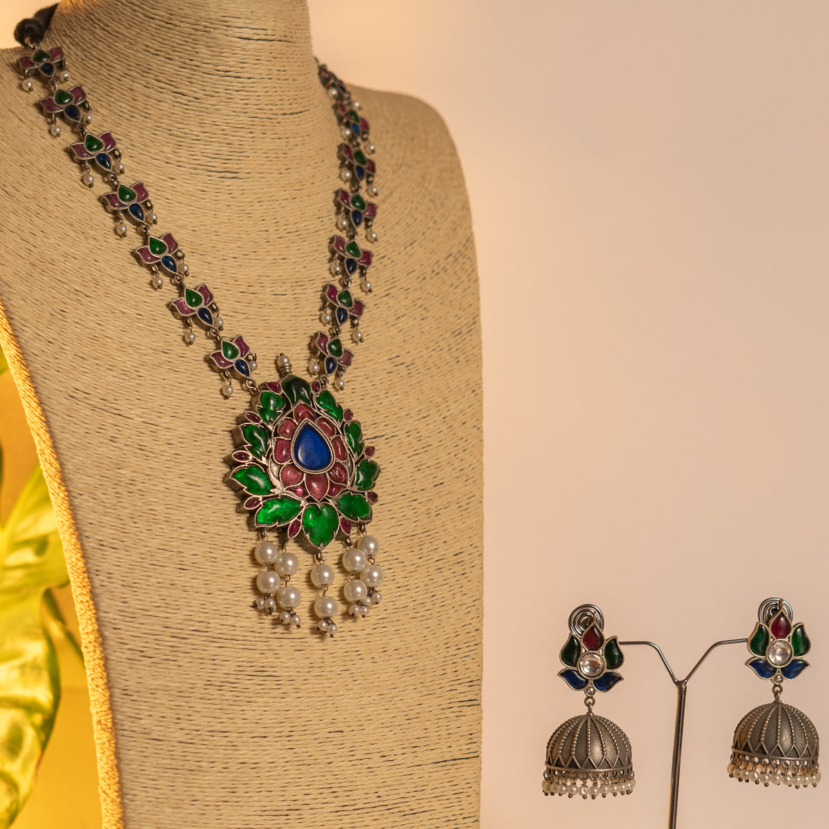 CARNATION HANDMADE RAW AND RUSTIC FAUX SILVER ANTIQUE MALA WITH EARRINGS ML192