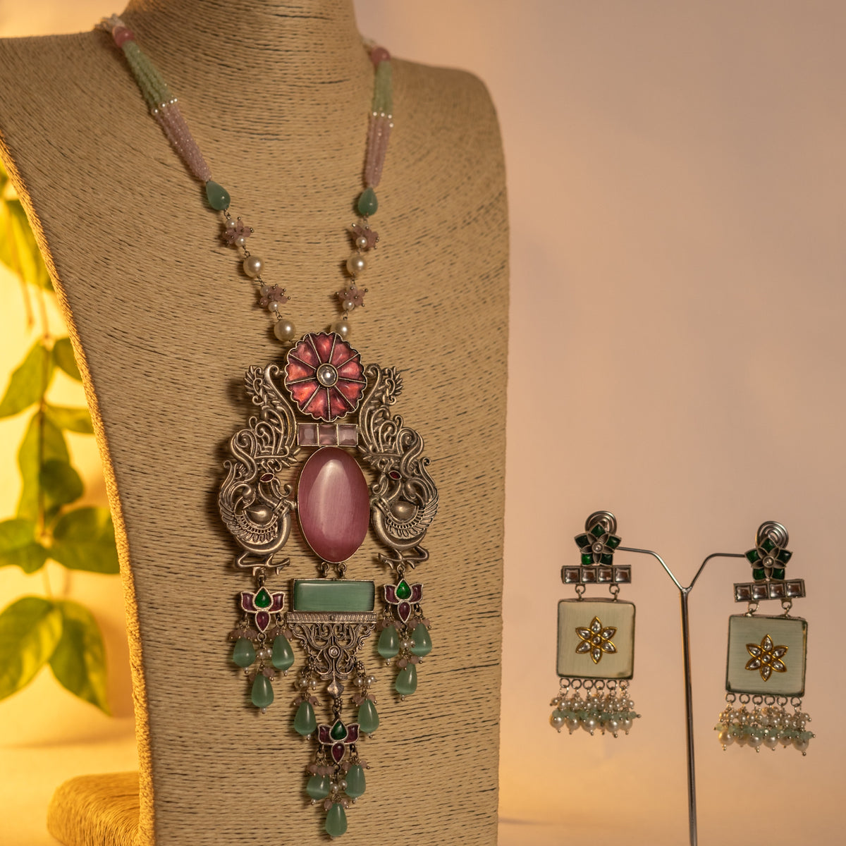 PETAL GRACE HANDMADE RAW AND RUSTIC SILVER LOOK ALIKE ANTIQUE DUAL TONE HANDMADE MALA WITH EARRINGS ML179