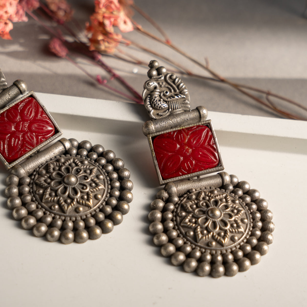 STOEM FAUX SILVER ANTIQUE SEMI HANDMADE EARRINGS ER788