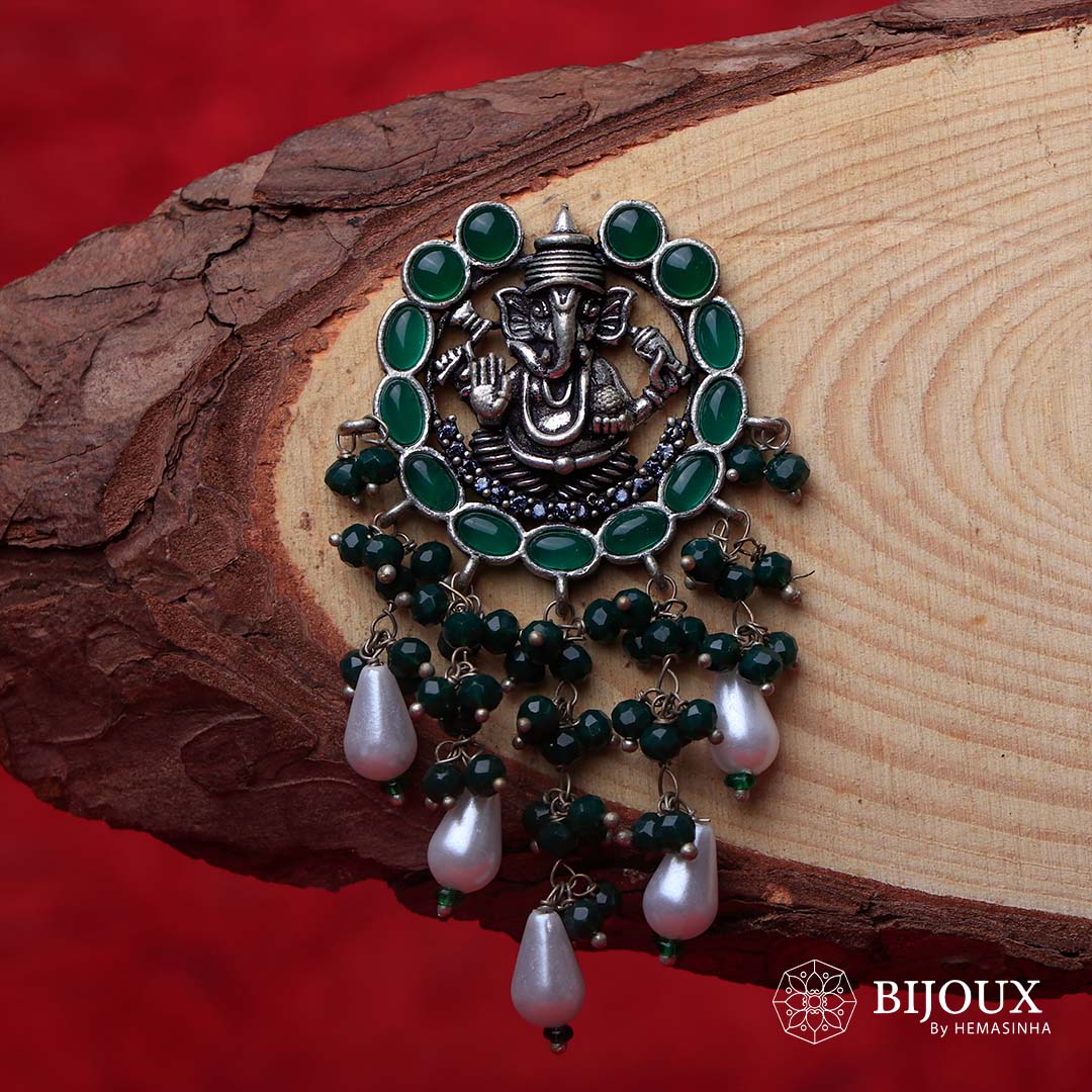 GANPATHI PAPPA OXIDIZED MONALISA STONE TEMPLE EARRING ER139