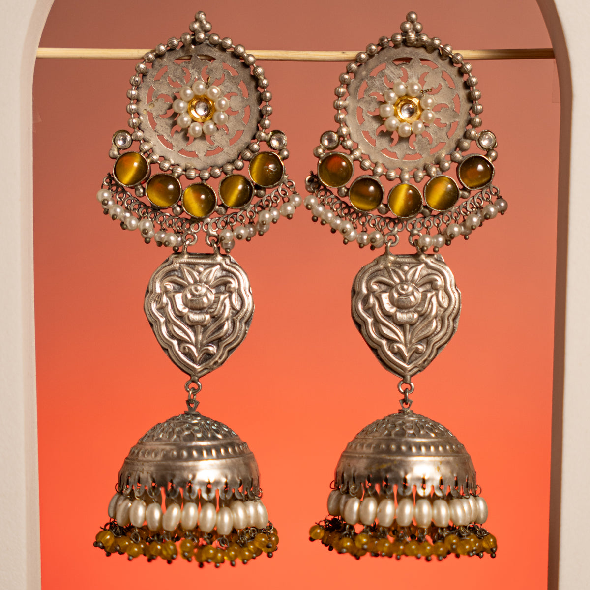 CHANDNI FAUX SILVER  SEMI HANDMADE EARRINGS/JHUMKAS ER750