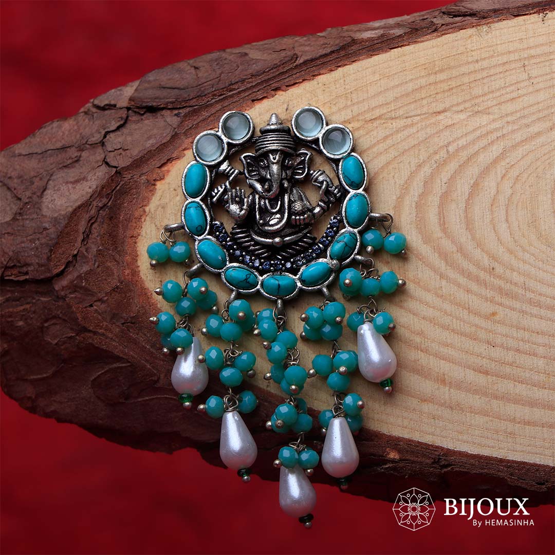 GANPATHI PAPPA OXIDIZED MONALISA STONE TEMPLE EARRING ER139