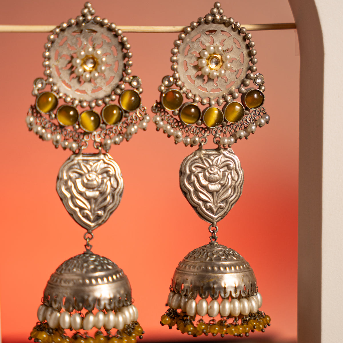CHANDNI FAUX SILVER  SEMI HANDMADE EARRINGS/JHUMKAS ER750