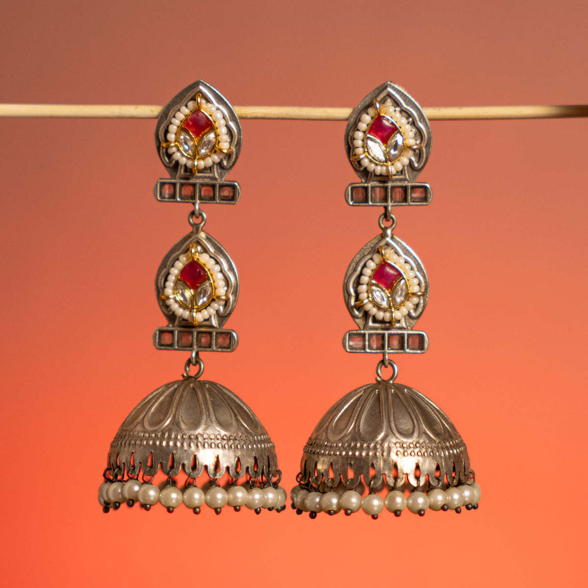 DAKSHA FAUX SILVER ANTIQUE SEMI HANDMADE EARRINGS/JHUMKAS ER752