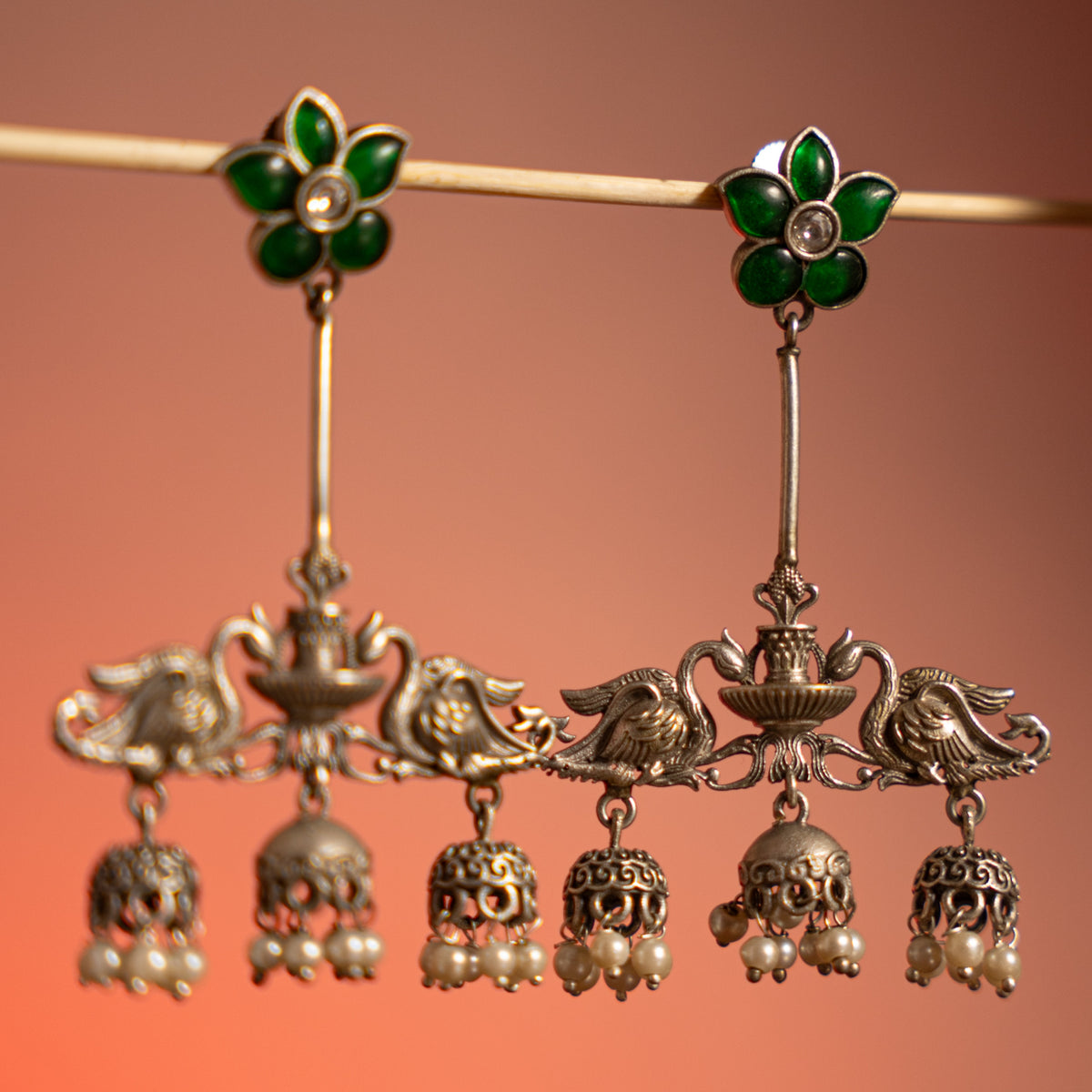 MEEASH FAUX SILVER ANTIQUE SEMI HANDMADE EARRINGS/JHUMKAS ER756