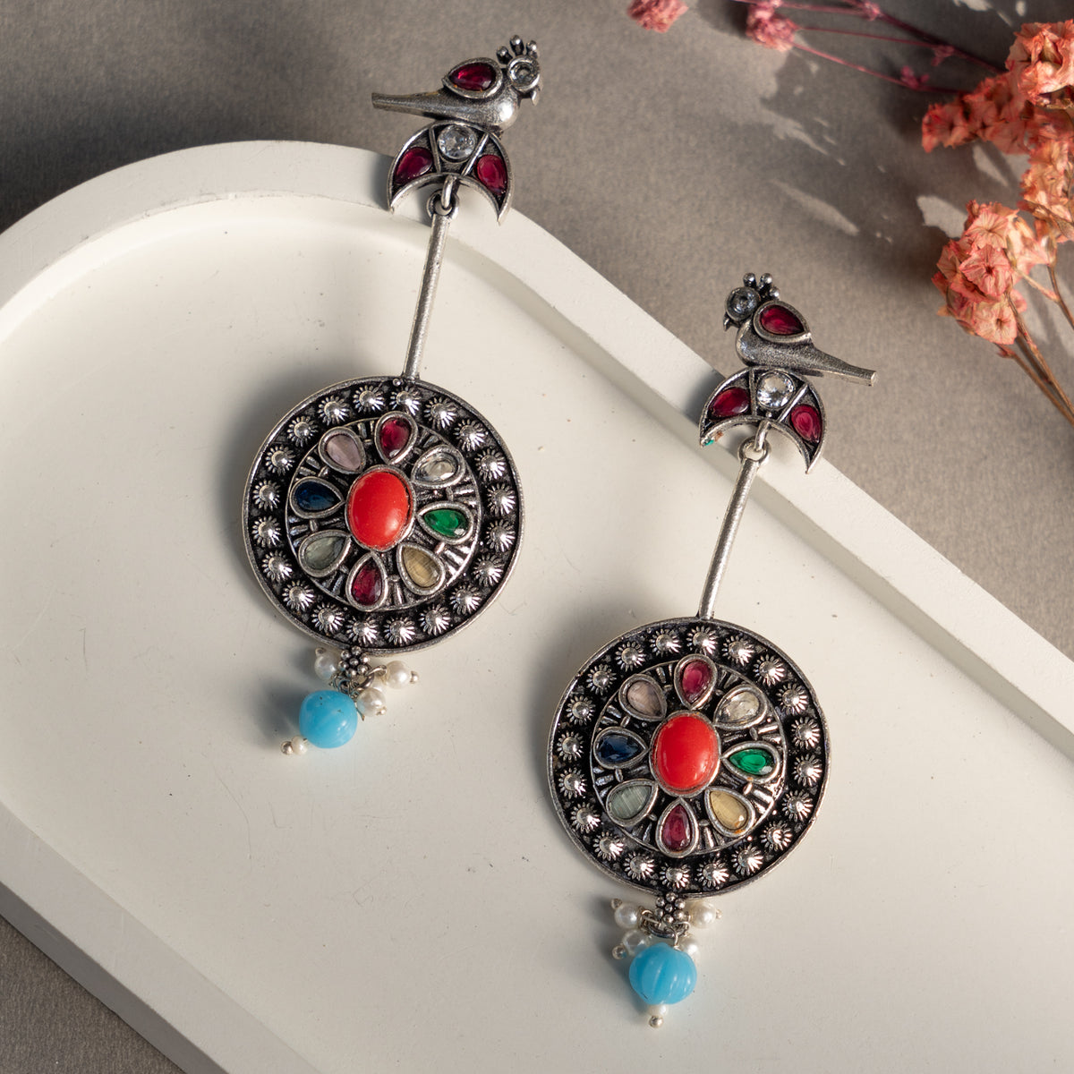 EULALIE FAUX SILVER ANTIQUE SEMI HANDMADE EARRINGS ER783