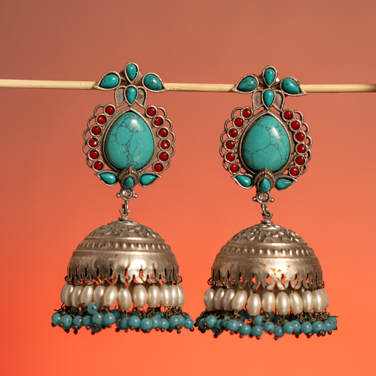 CHARVI FAUX SILVER ANTIQUE SEMI HANDMADE  EARRINGS ER748