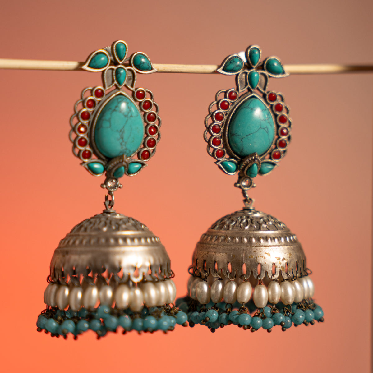 CHARVI FAUX SILVER ANTIQUE SEMI HANDMADE  EARRINGS ER748