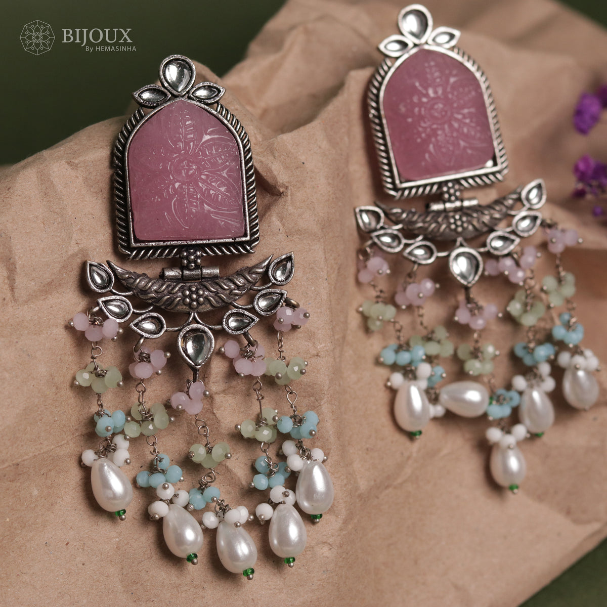 BEADED ENCHANTED CARVING SEMI-HANDMADE STONE EARRINGS ER30