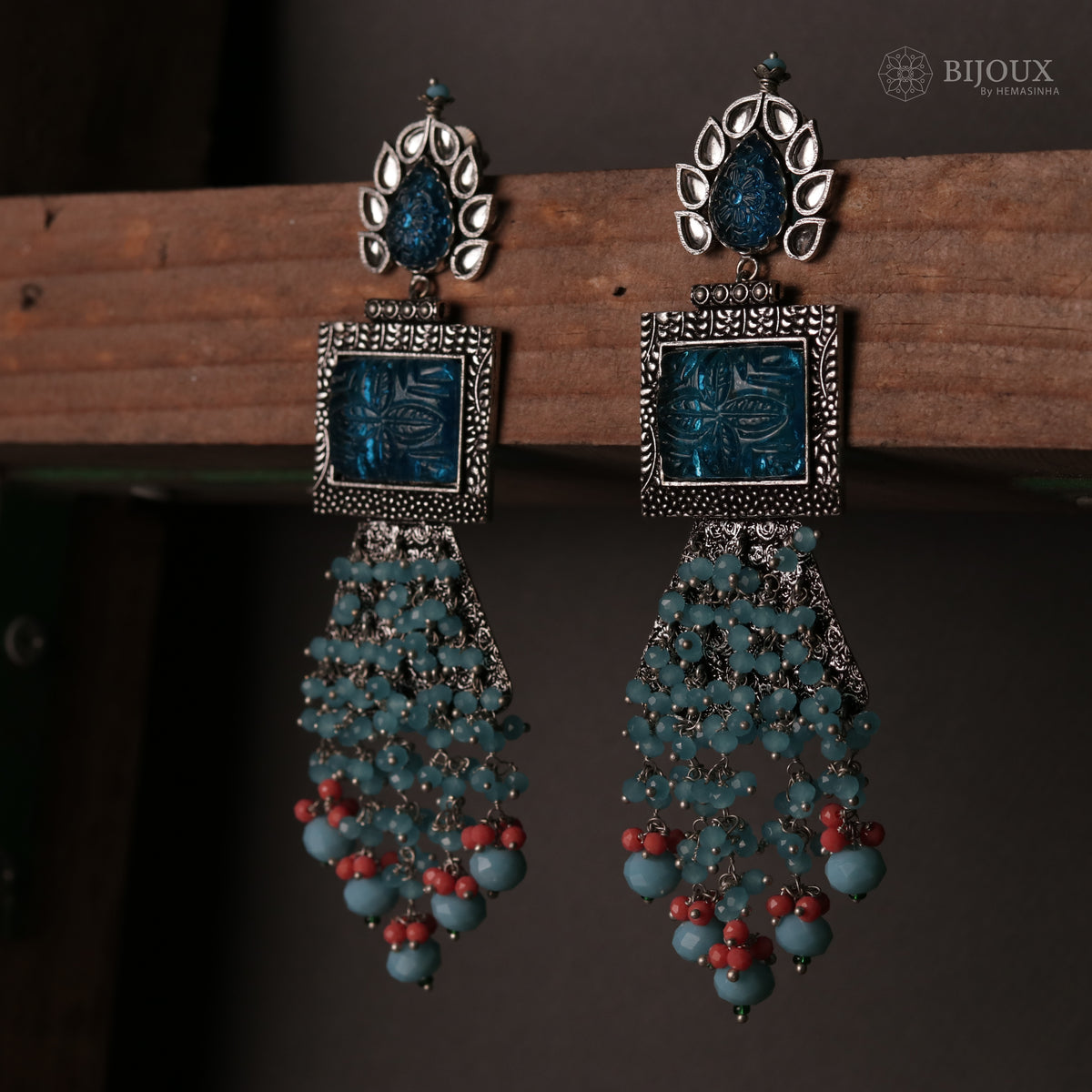 PLUME BEADED LONG FEATHER SEMI HANDMADE EARRINGS-ER115