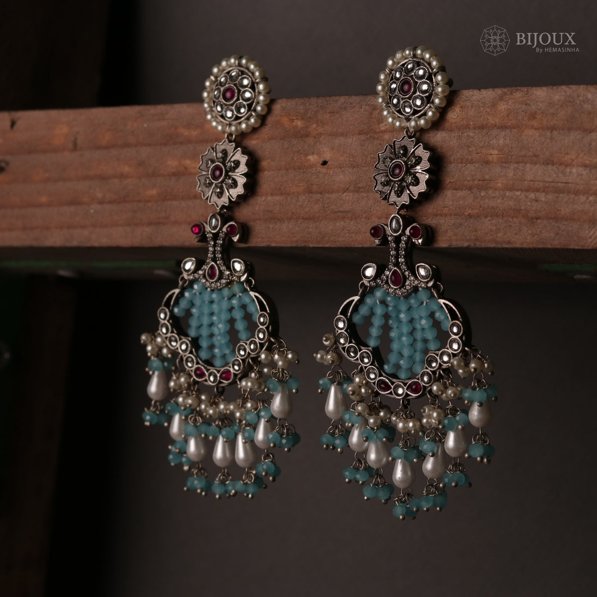 CELESTIA LONG CRYSTAL OXIDIZED PEACOCK SEMI HANDMADE EARRING ER116