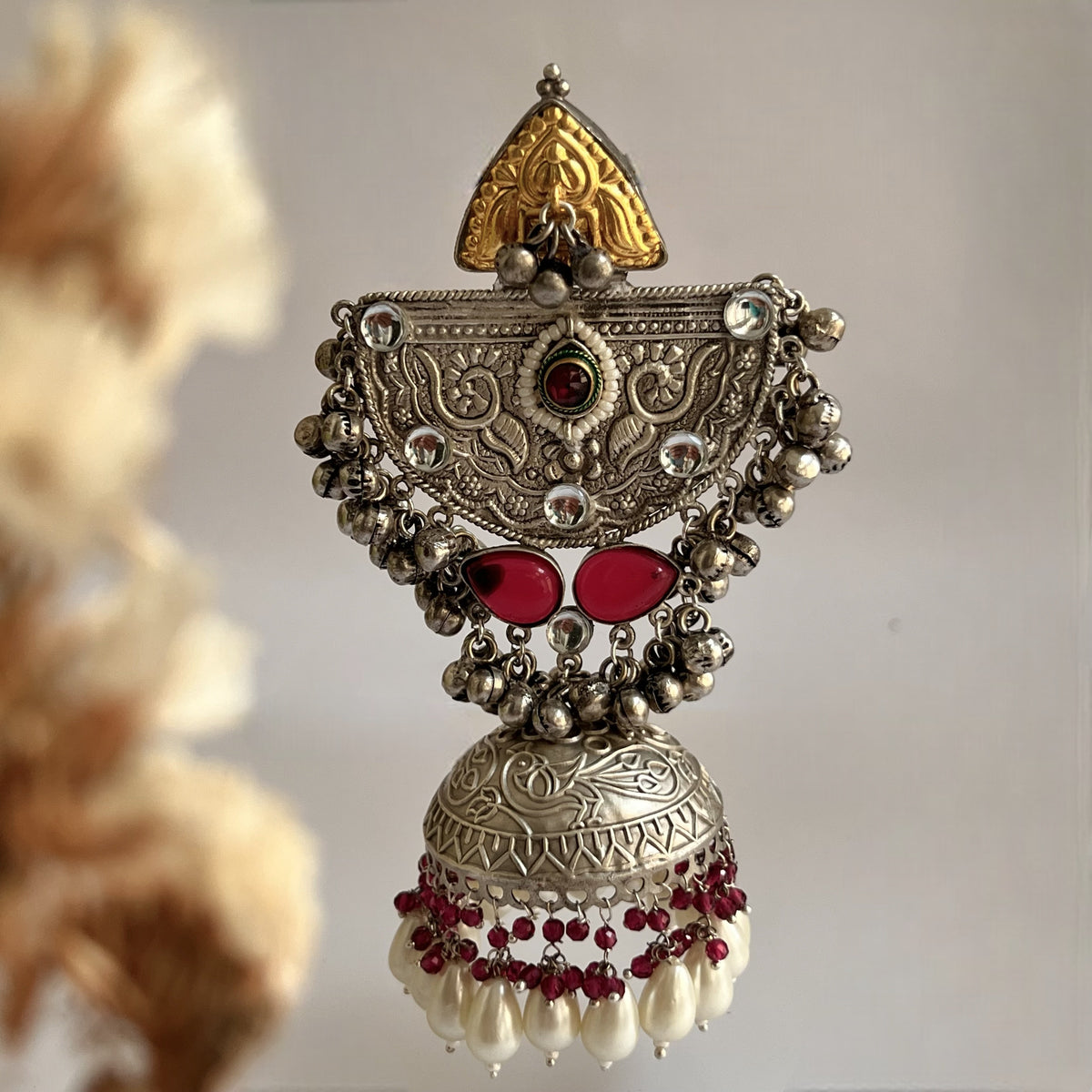 ÉLIRA SILVER LOOK ALIKE HAND HAMMERED DUAL TONED JUMBO JHUMKA ER558