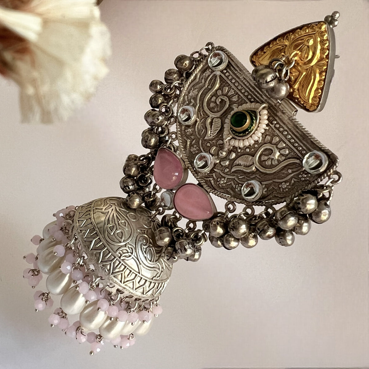 ÉLIRA SILVER LOOK ALIKE HAND HAMMERED DUAL TONED JUMBO JHUMKA ER558