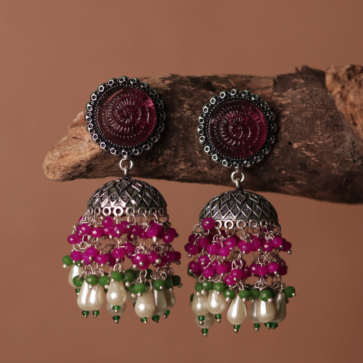 SPIRAL CARVING STONE SEMI HANDMADE BEADED JHUMKAS-ER113