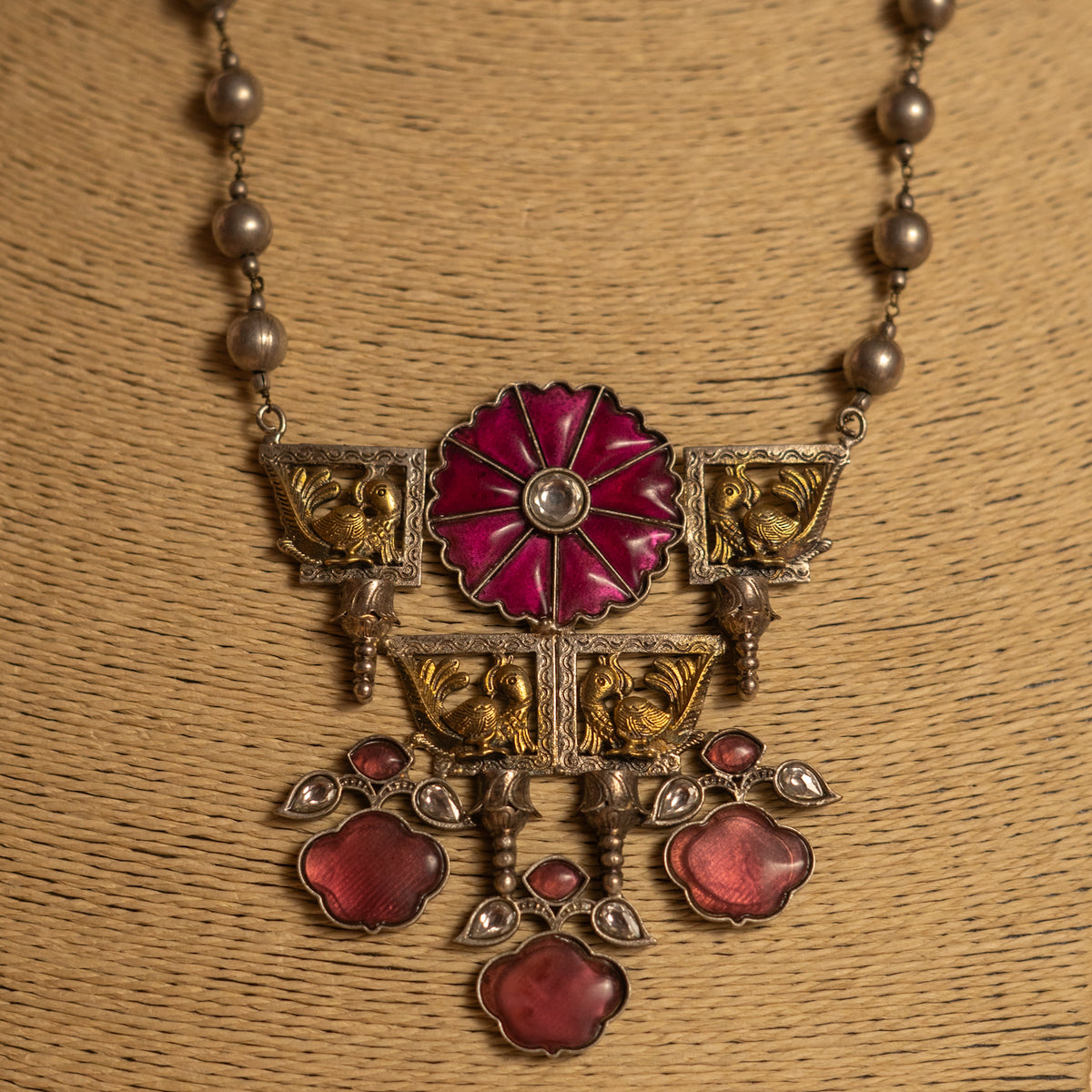 BLOSSOM HANDMADE RAW AND RUSTIC  BLOOM FAUX ANTIQUE DUAL TONE MALA WITH EARRINGS ML178