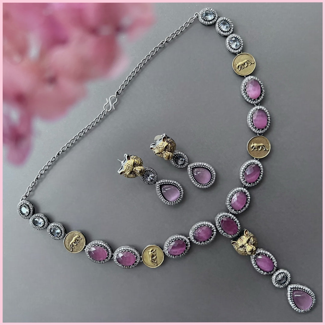 RIFONA FAUX SILVER BIJOUX PREMIUM AND EXCLUSIVE SEMI HANDMADE DUAL TONED NECKLACE WITH EARRINGS NL138