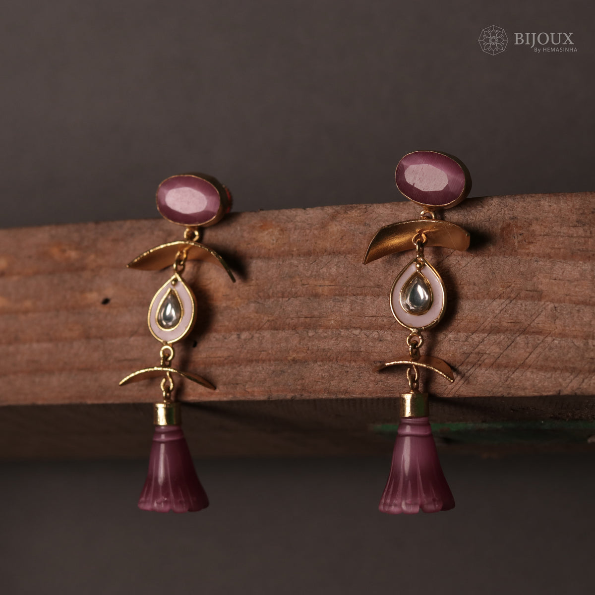 ENAMELLED CONICAL STONE DROPS WITH CRYSTAL HANDMADE AND HAND HAMMERED EARRINGS ER74