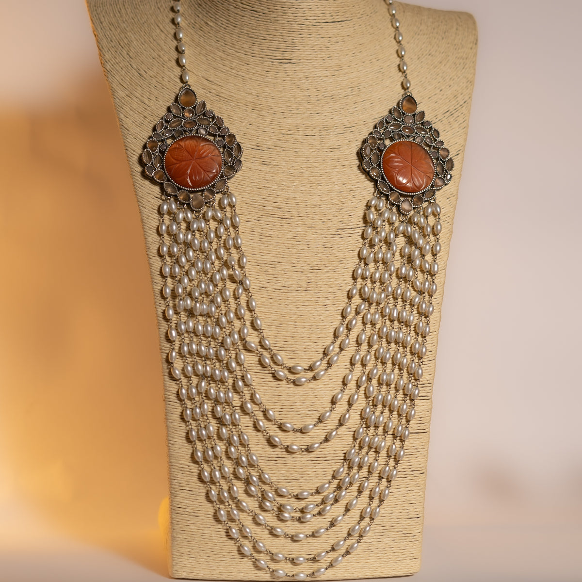 PRIYANKA LAYERED PEARL CARVING STONE HANDMADE STATEMENT MALA ML100