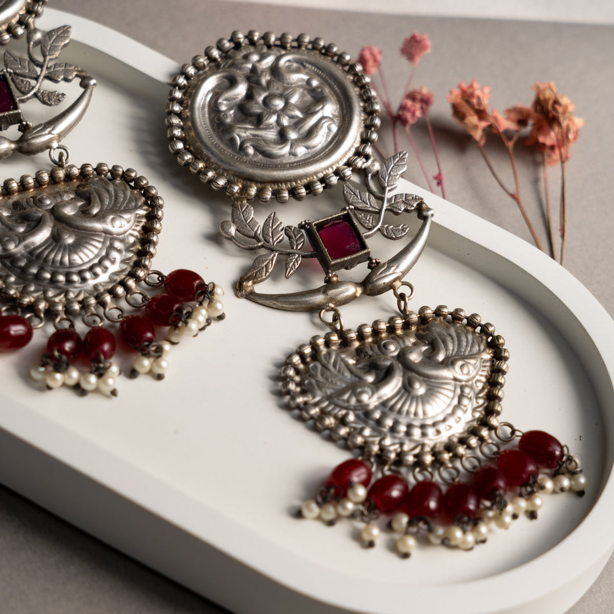 DEVANSHI FAUX SILVER ANTIQUE SEMI HANDMADE EARRINGS ER755