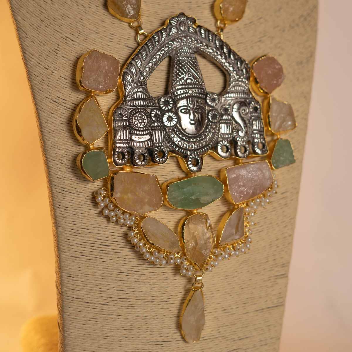 VENKAT BIJOUX, HANDCRAFTED TURQUOISE, MOP SHELL, AND RAW SATONE MALA WITH EARRINGS ML168