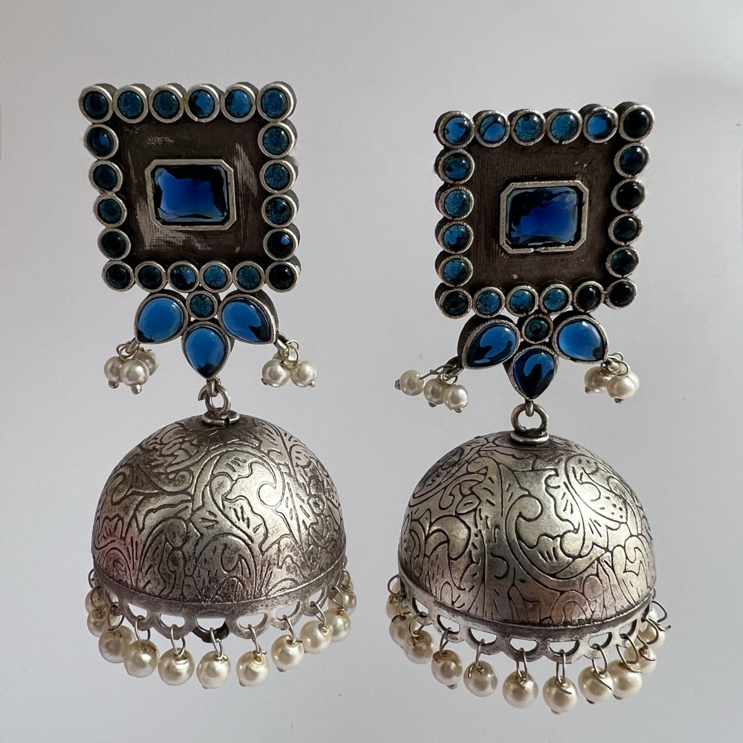 ROYAL SQUARE ELEGANCE FAUX SILVER SEMI-HANDMADE JHUMKAS ER36