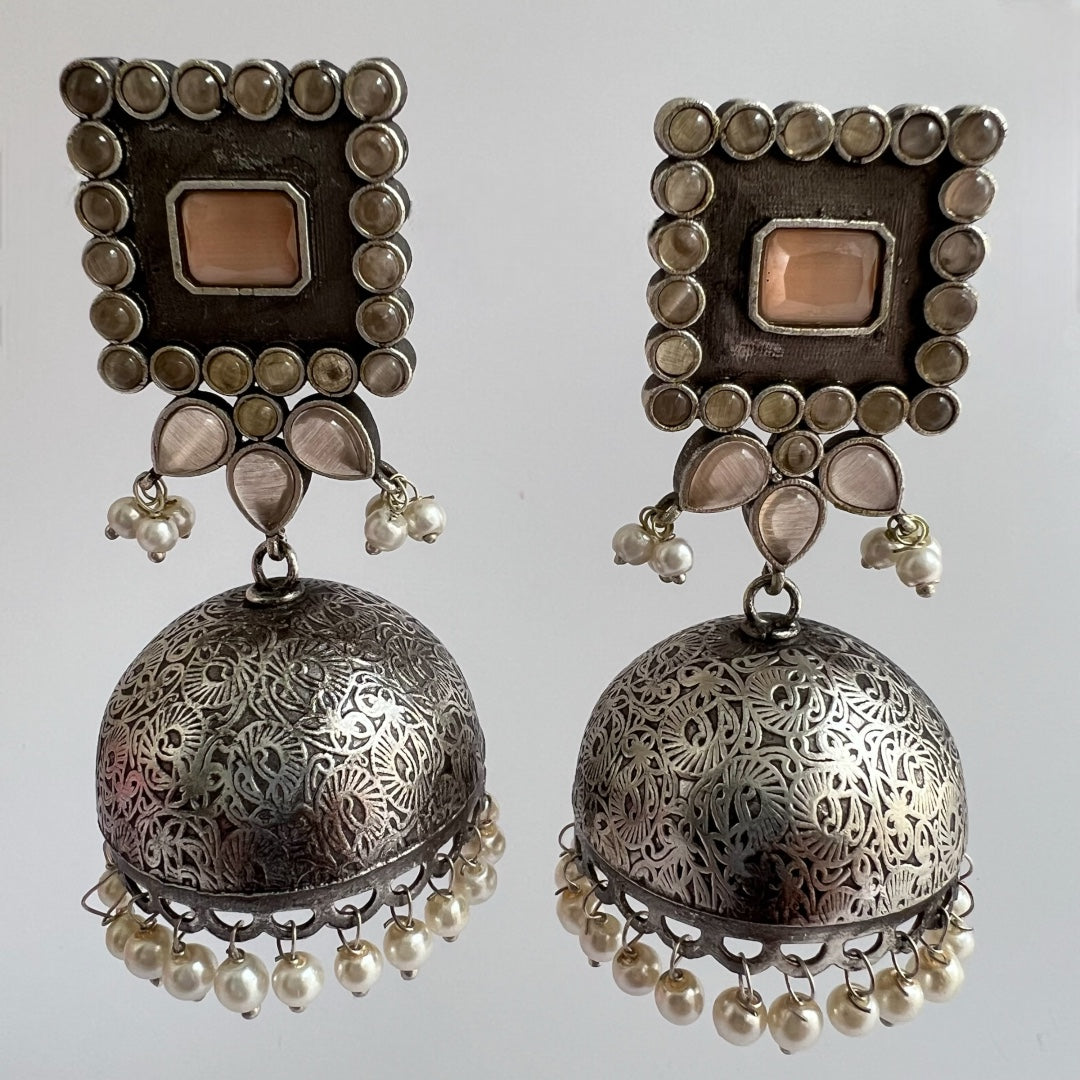 ROYAL SQUARE ELEGANCE FAUX SILVER SEMI-HANDMADE JHUMKAS ER36