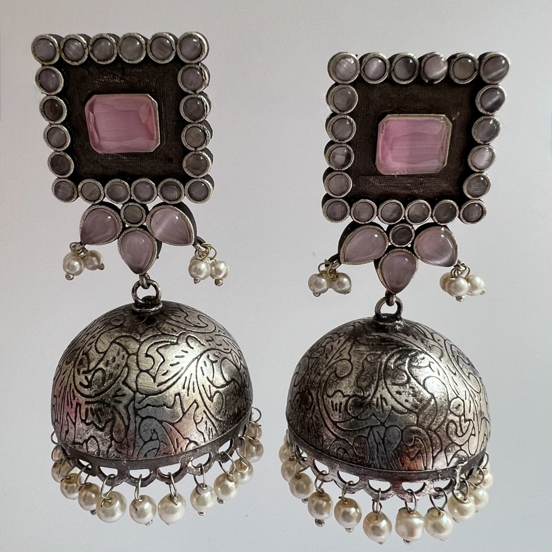 ROYAL SQUARE ELEGANCE FAUX SILVER SEMI-HANDMADE JHUMKAS ER36